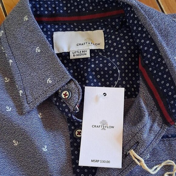 Craft & Flow boys size 5/med blue and white anchor patterned button up shirt - Picture 2 of 7